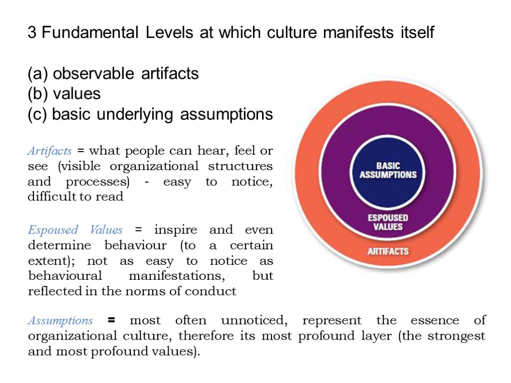 3 Fundamental Levels at which culture manifests itself observable artifacts values basic underlying assumptions
